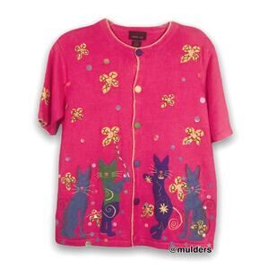 Vintage Morgan Cole Crazy Kitty Cat Kitten Dopamine Pink Embroidered Sweater